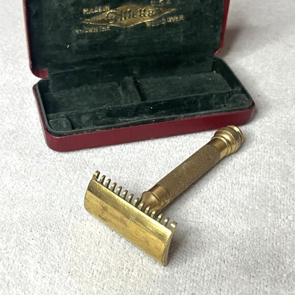 1920s Ball End Gold Tone Gillette Safety Razor Three Piece Set with Case - Picture 4 of 9